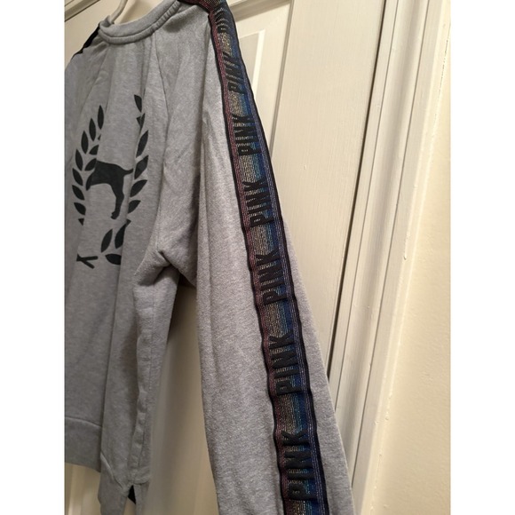Victoria's Secret PINK Grey Dog Sweatshirt Rainbow Stripe Sleeve Logo Medium Y2K - Picture 2 of 5